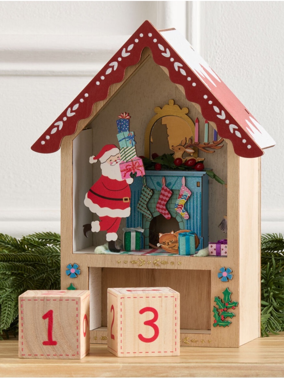 NWT Laser Cut Wood Santa Hearth LED Light Up Countdown Calendar with Timer